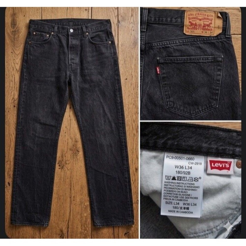 Levi Strauss 501 Jeans Men's 36x34 Faded Black Straight Leg Denim VTG-Like - Picture 2 of 16